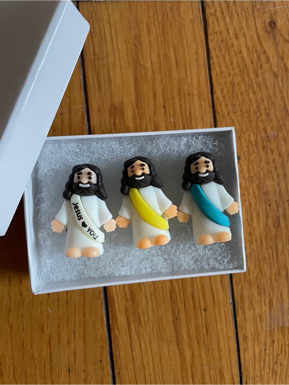 Set of 3 Cute Jesus Figurine Pins with Colored Sashes